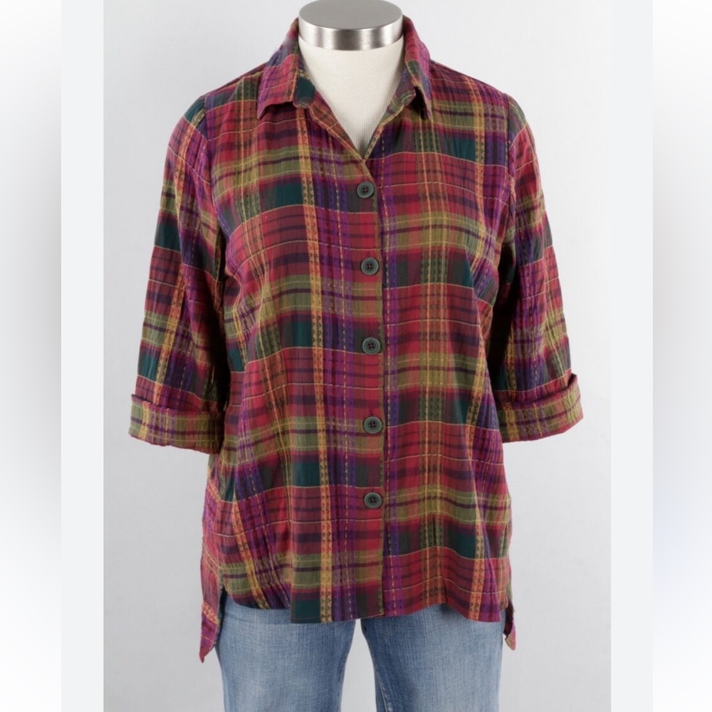NWT Habitat Sz XXL PLAID BUTTON DOWN BLOUSE TUNIC COLOR FOREST